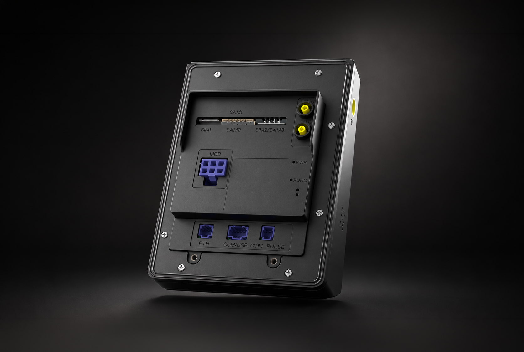 Vendrive Port P1 rear I/O panel showing the MDB connector, SIM and SAM slots, Ethernet, COM/USB, coin and pulse ports.